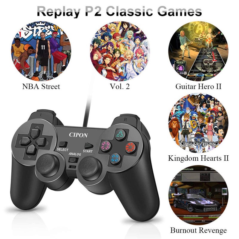 Cipon Wired Controller for PS-2 Console, Black Remote Controllers, PS-2 Accessories Gamepad with Double Vibration, 71 IN Cable - Image 4